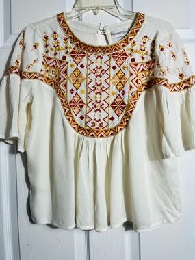 Cover Story Ivory Embroidered Boho Tunic with Red & Gold Motif M